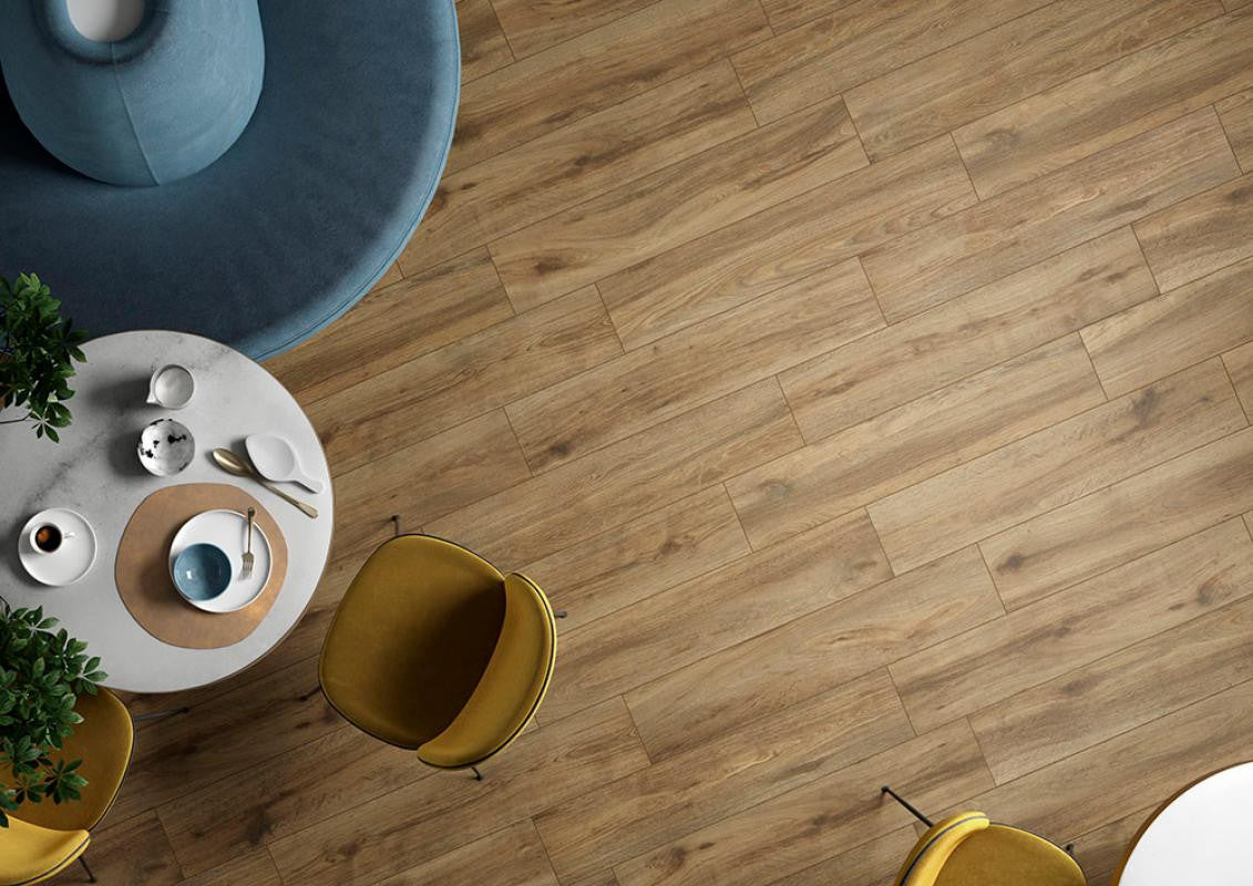 Baldosa de porcelana Sequoia Brown imitación madera de 8x40