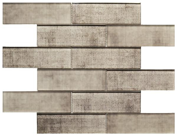 Mosaico de vidrio efecto tela de 2x6, color beige, en lámina de 12x12