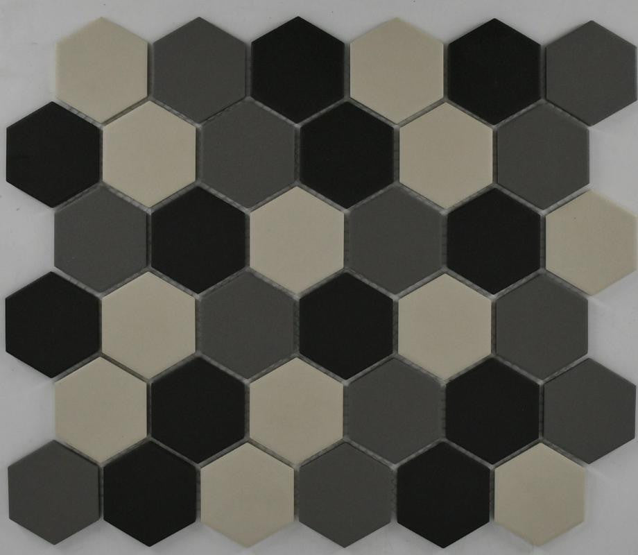 Mosaico de Porcelana Hexagonal Mate de 2" de Mezcla de Grises, Plancha de 10x12