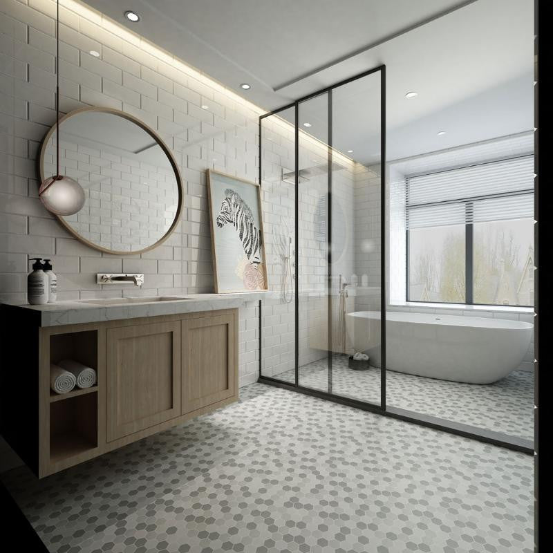 Mosaico de Porcelana Hexagonal Mate de 2" de Mezcla de Grises, Plancha de 10x12