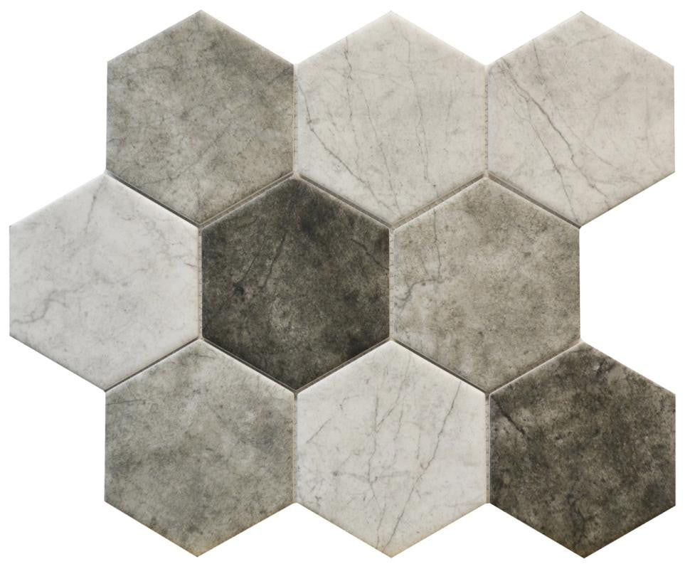 Mosaico de vidrio gris mezclado hexagonal de 4" en lámina de 10x12