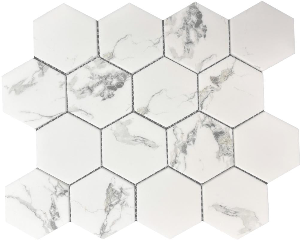 Mosaico de vidrio hexagonal Statuary de 3" en lámina de 12x10