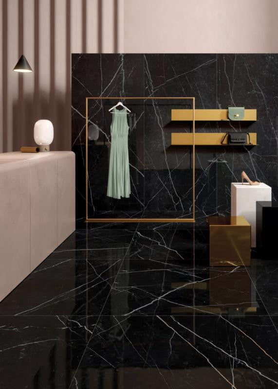 Delight Marquina Nero 48x102 Polished Marble Look Porcelain Tile