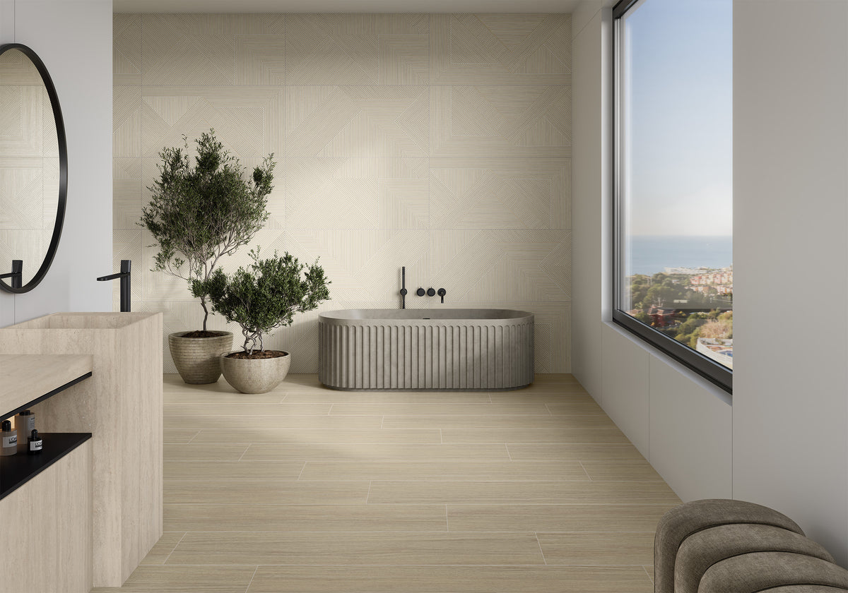 Modern bathroom with a bathtub, sink, and large window with decorative porcelain wall tiles