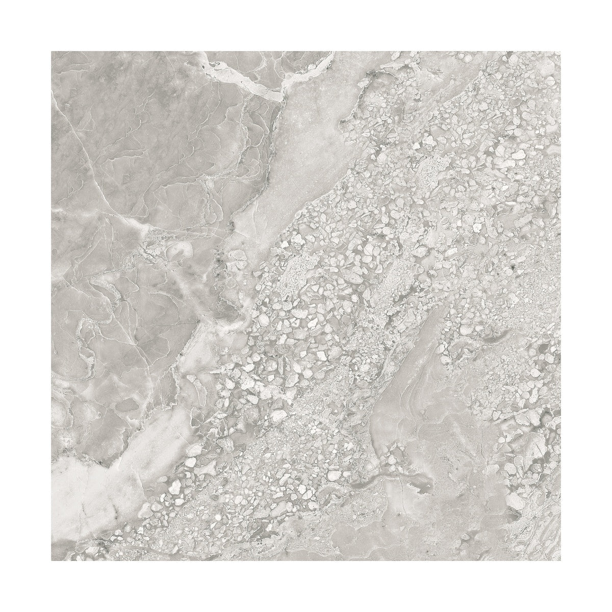 Brescia Grey 22x22 porcelain floor tile, matte grey marble look with pebbled breccia-style veining