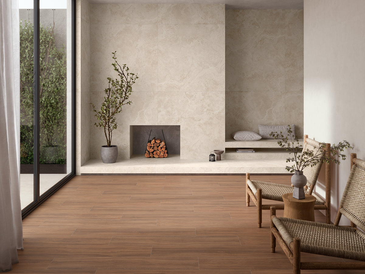 Baldosa de Gres Porcelánico Efecto Madera Tahoma Caoba 9x48