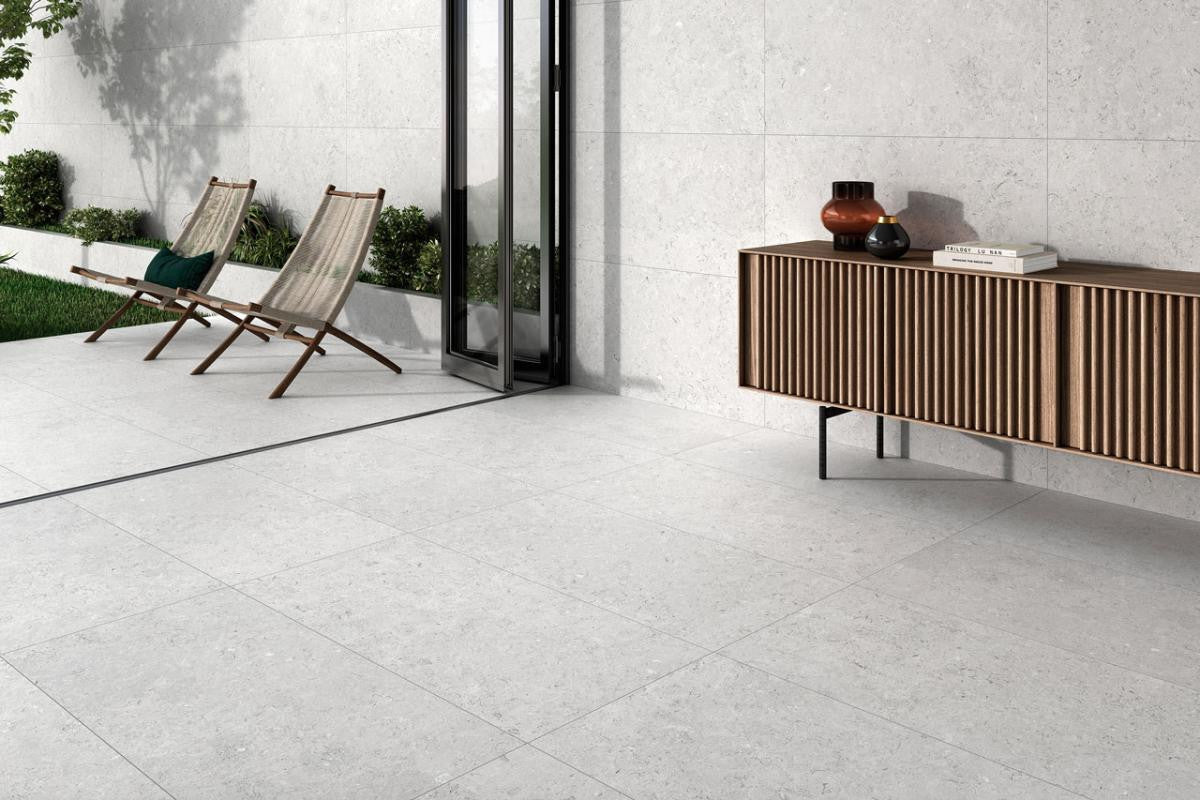 Caliope InOut White 24x24 matte porcelain — outdoor porcelain install look for Florida lanais