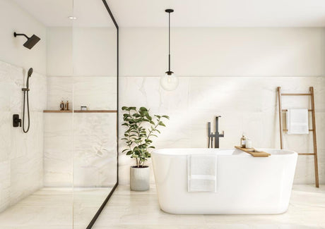 Mont Blanc marble-look porcelain bathroom with walk-in shower and freestanding tub — Carrara-style white tile walls and floor