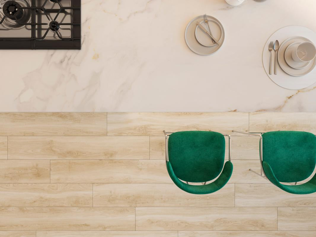 Helsinki Haya wood-look porcelain plank floor in a modern kitchen — Tier 2 outlet porcelain used for installed-cost planning