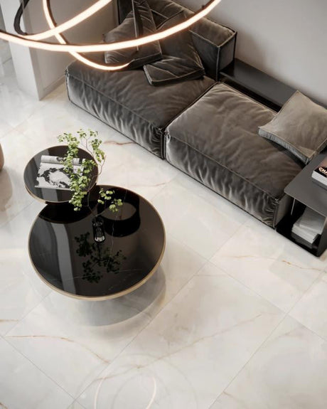 Large-format Onyx Reale 24x48 porcelain tile room scene — plan extra overage for big formats