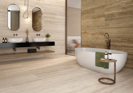 Marvet Classic matte marble-look porcelain bathroom with double vanity and freestanding tub — large-format floor and walls with thin joints