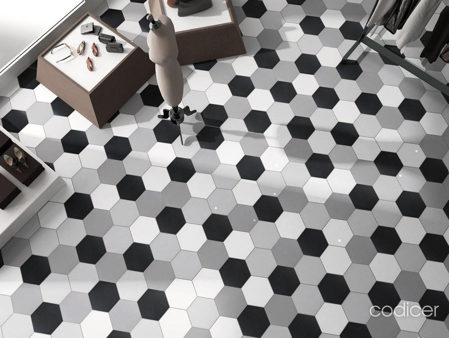 Azulejo de porcelana mate Hexagonal Básico Plateado 8x10