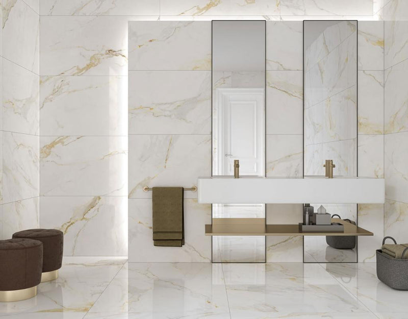Slab-Look Statement Backsplash — Marble Look Kitchen tile at Tile Outlets of America