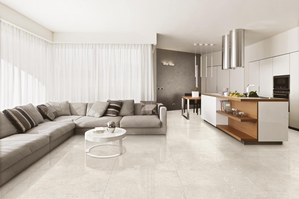 Baldosa de porcelana Coquina Blanco Roto 32x32 con aspecto de piedra shellstone