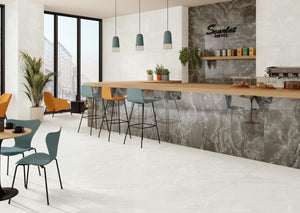 Modern cafe interior with black porcelain tiles from Spain accenting the look