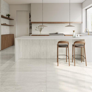 Baldosa de porcelana Aeterna Bianco de 12x24 con aspecto de mármol pulido