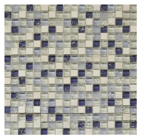 Mosaico de vidrio craquelado Carrara azul y blanco de 5/8" en lámina de 12x12