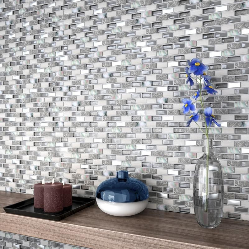 Mosaico de ladrillo de vidrio y piedra nácar en lámina de 12x12