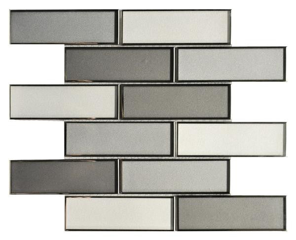 Mosaico de vidrio espejo gris mezclado 2x6 en lámina de 12x12