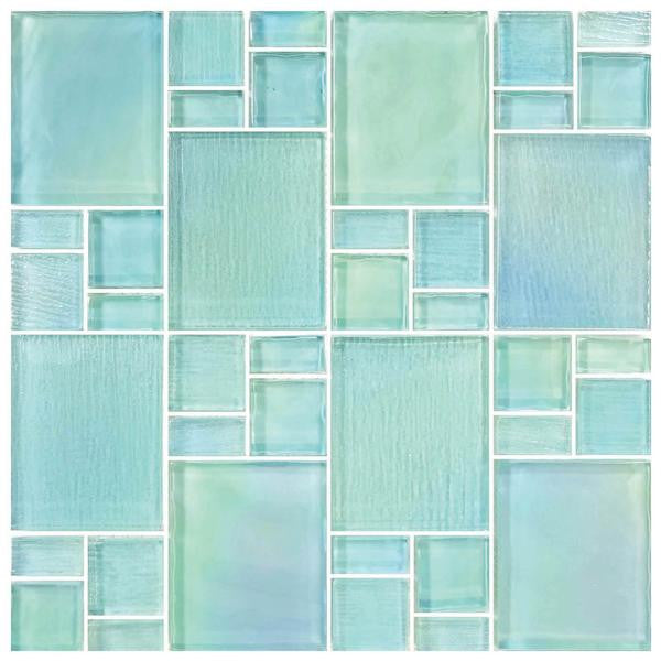 Mosaico de Vidrio Avalon Seafoam Puzzle en Plancha de 12x12