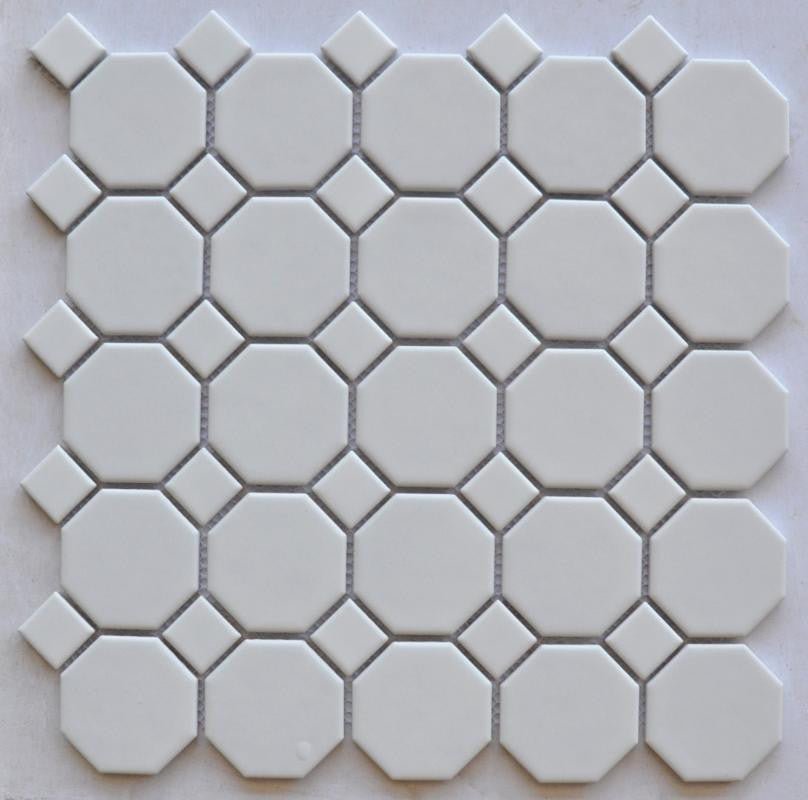 Mosaico de Porcelana Octagonal Blanco de 2" con Punto Blanco en Lámina de 12x12