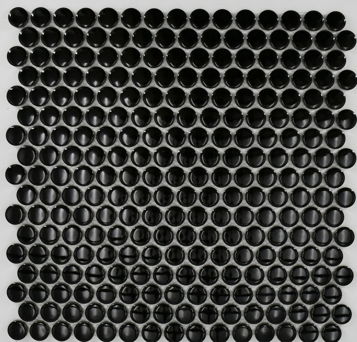 Mosaico de Porcelana Redondo Tipo Moneda de 1" Negro Brillante en Lámina de 12x12