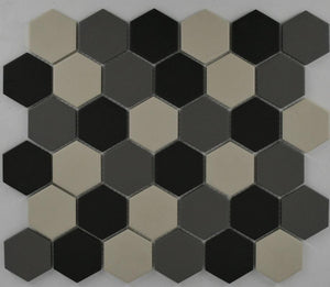 Mosaico de Porcelana Hexagonal Mate de 2" de Mezcla de Grises, Plancha de 10x12