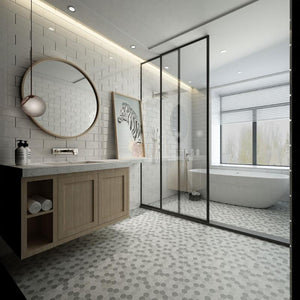 Mosaico de Porcelana Hexagonal Mate de 2" de Mezcla de Grises, Plancha de 10x12