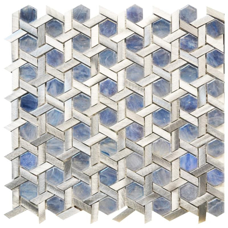 Mosaico de estrella de cristal y metal Lapis en lámina de 12x12
