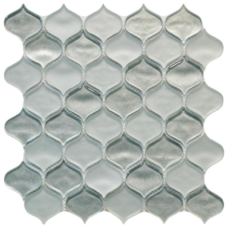 Mosaico de vidrio metálico color menta con forma de lágrima en lámina de 11x11