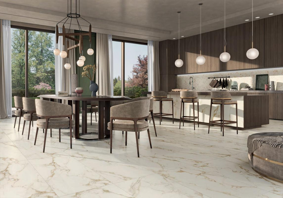 Mosaico de Porcelana Prestige Calacatta Gold 2x2 en Plancha de 12x12
