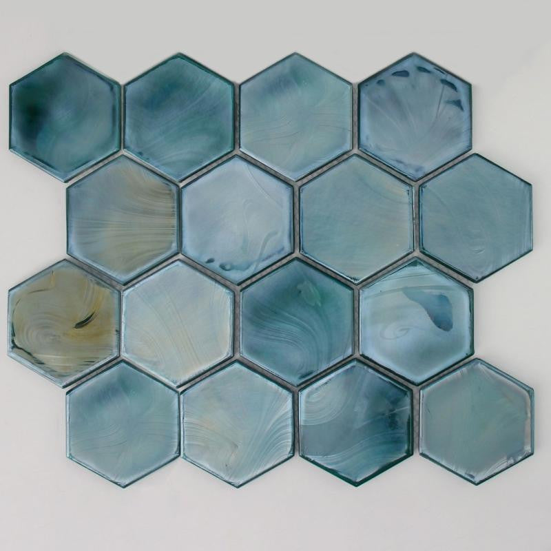 Mosaico de vidrio hexagonal Oyster Tidal de 3" 12x12