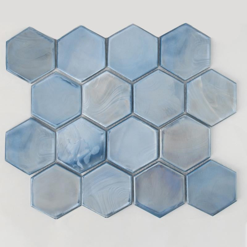 Mosaico de vidrio hexagonal Oyster Ocean de 3" 12x12