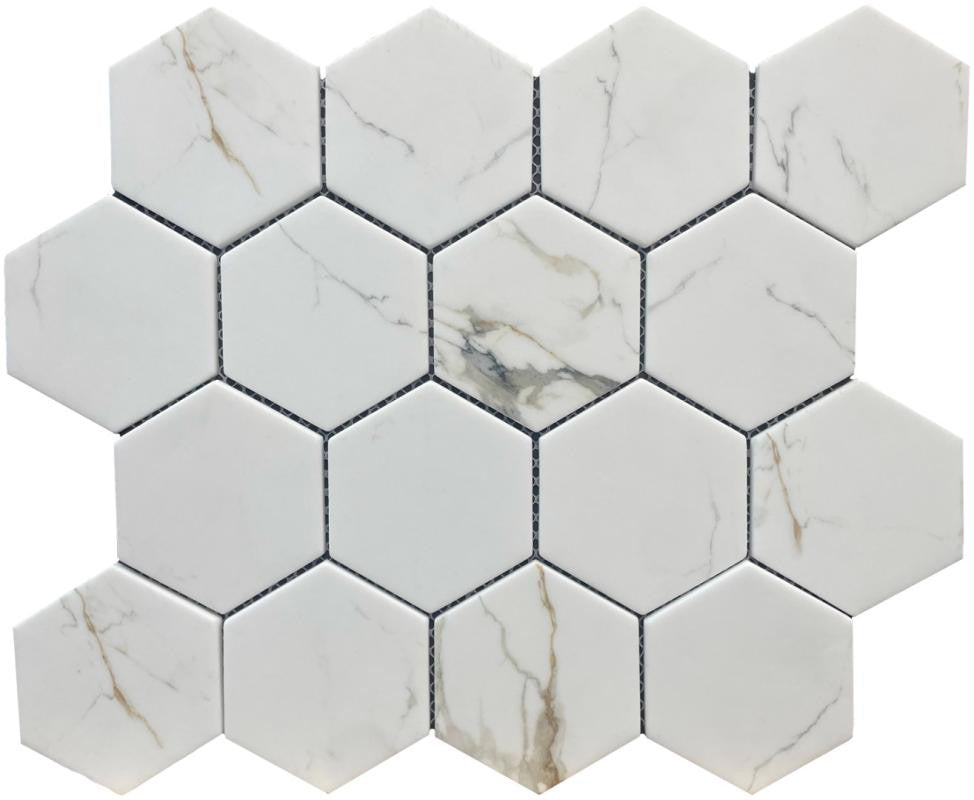Mosaico de Vidrio Hexagonal de 3" Calacatta Gold Lámina de 12x10