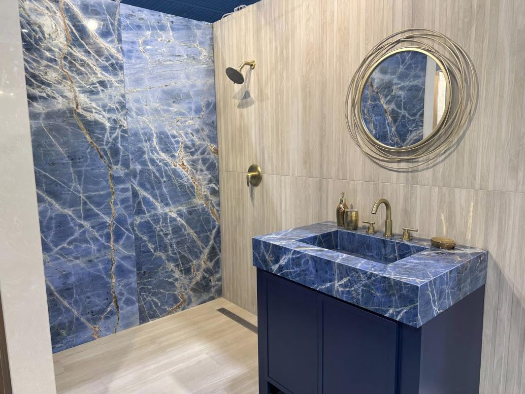 Marmoteca Blue Denim 48x110 Polished Marble Look Porcelain Panel Porcelain Tile