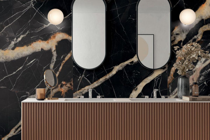 Marmoteca Golden Carbon Panel de Porcelana Pulido Efecto Mármol 48x110