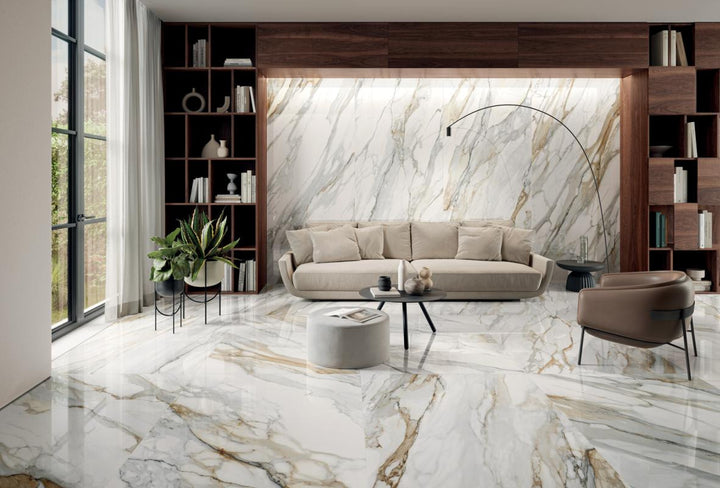 Panel de Porcelana con Apariencia de Mármol Perpetual Venato Gold Pulido 48x109