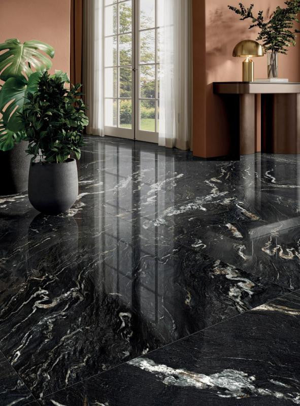 Perpetual Belvedere Dark Polished 48x109 Marble Look Porcelain Panel Porcelain Tile