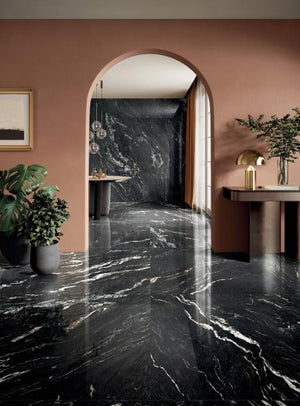 Perpetual Belvedere Dark Polished 48x109 Marble Look Porcelain Panel Porcelain Tile