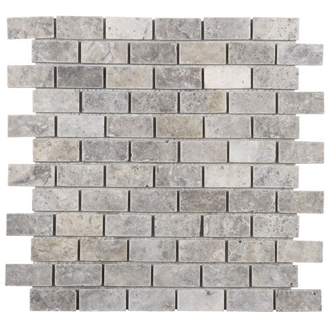 Mosaico de ladrillo de travertino plateado 1x2, acabado mate, en plancha de 12x12