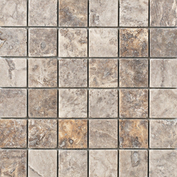 Mosaico de travertino plateado de 2x2, acabado mate, lámina de 12x12