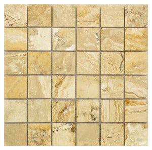 Mosaico de travertino pulido Valencia 2x2 en lámina de 12x12