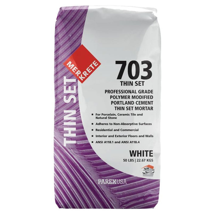 Merkrete 703 Pro Set Polymer-Modified Tile Mortar, White, 50 lb 1