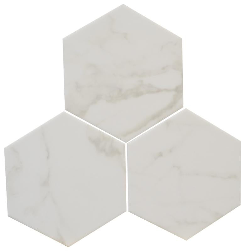 Mosaico de vidrio hexagonal Calacatta de 6 pulgadas