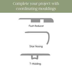 Diagram of coordinating vinyl moldings: flush reducer, stair nosing and T-molding