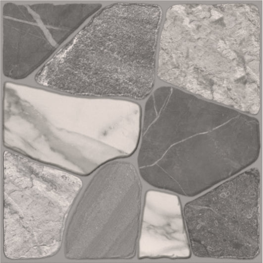 A square tile or stone-look surface sample composed of irregular stone shapes in mixed gray, charcoal, white, and light gray marbled textures.