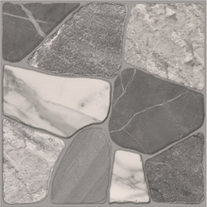 A square tile or stone-look surface sample composed of irregular stone shapes in mixed gray, charcoal, white, and light gray marbled textures.