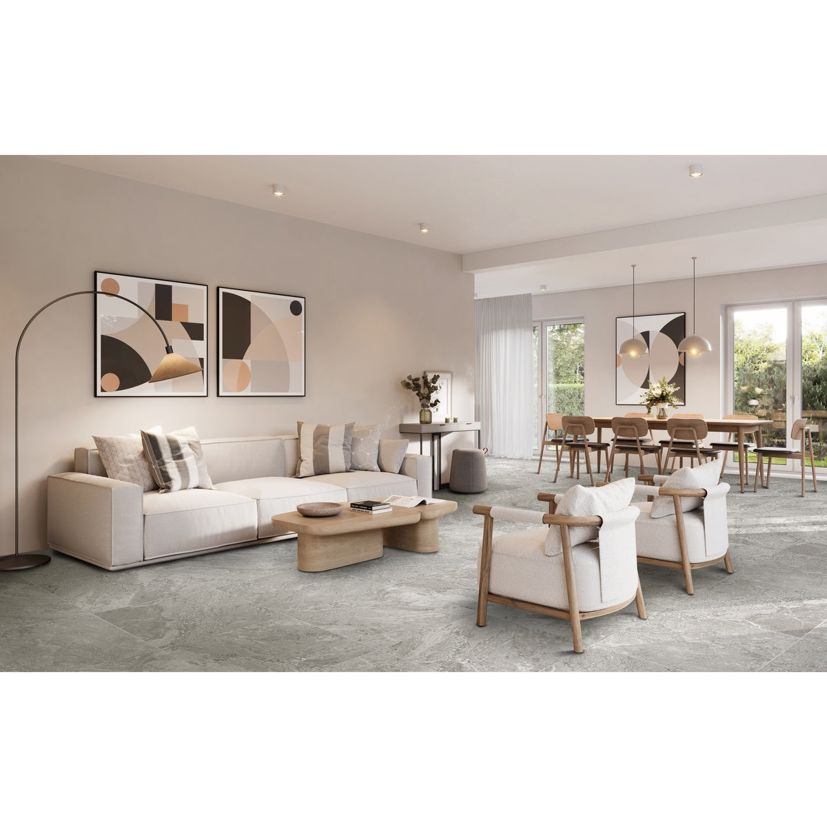 Brescia Grey 22x22 porcelain floor tile installed in an open living and dining room with a cream sofa and wood dining table