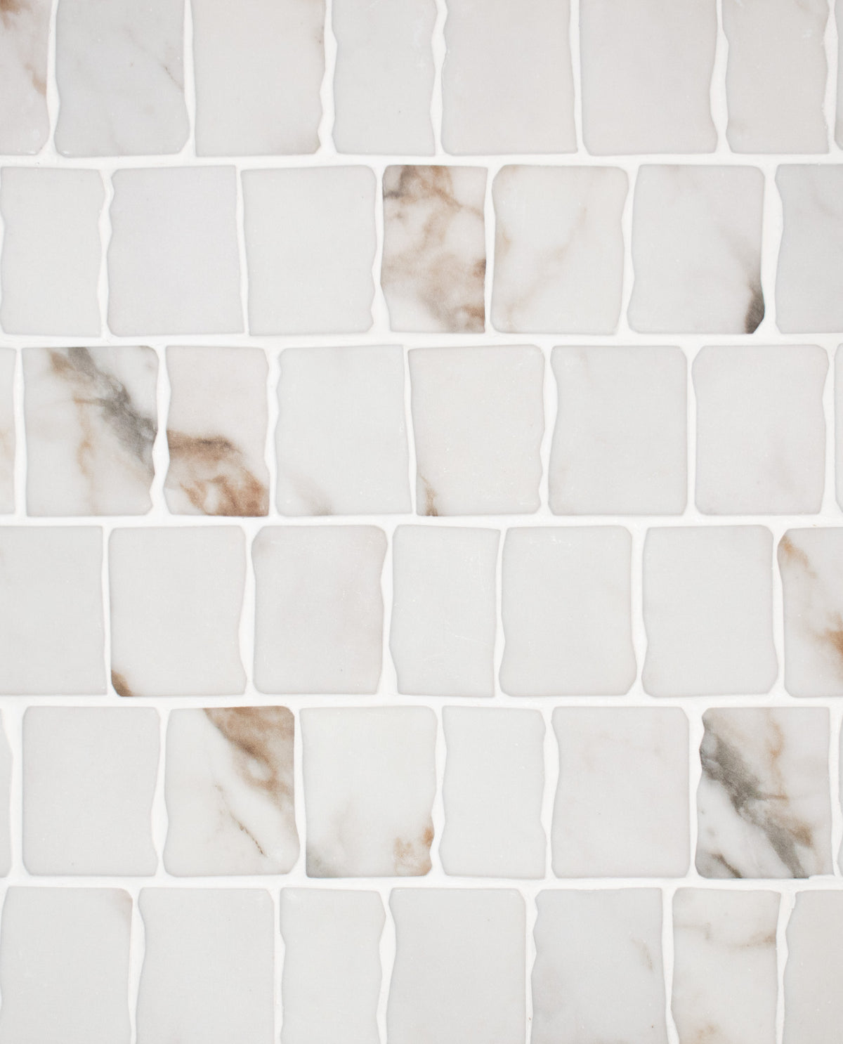 Calacatta broken joint glass mosaic tile 12x12 sheet with soft gray marble-look veining